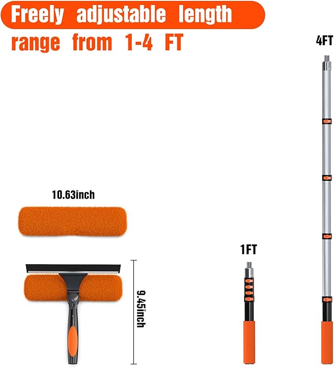 LAANPOLE 4FT Window Squeegee with Extension Pole, 2-in-1 Squeegee for Window Cleaning, Professional Cleaning Kit for Home with 4FT Telescoping Pole for Outdoor Indoor Use