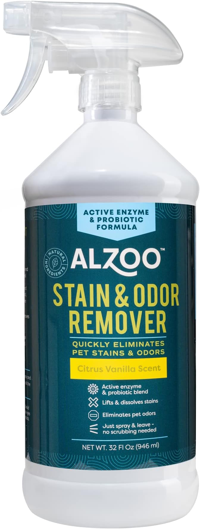 ALZOO Stain & Odor Remover, Quickly Lifts & Dissolves Pet Stains & Helps Eliminate Odors, 100% Plant-Based Active Ingredients, Citrus Vanilla Scent, 32 Fl. Oz Spray Bottle