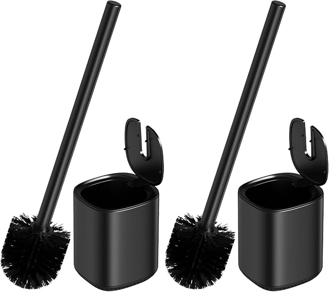 Toilet Brush and Holder Set Toilet Bowl Brush Stainless Steel Automatic Toilet Bowl Cleaner Brush with Durable Bristle Head Toilet Cleaning Brush for Bathroom 2 Pack Set Black