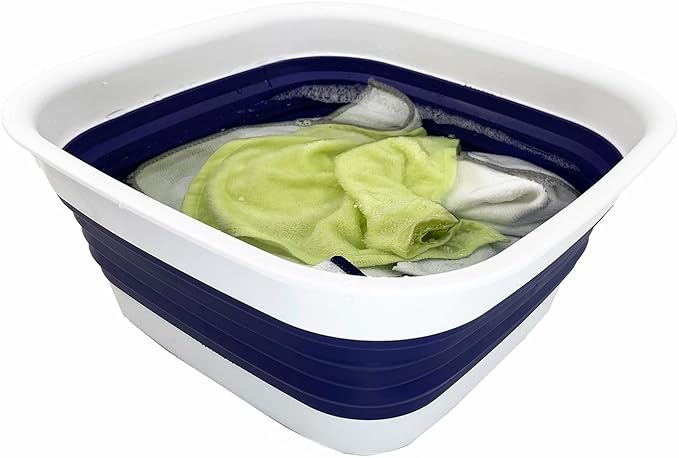 SAMMART 8L (2.1 Gallon) Collapsible Tub - Foldable Dish Tub - Portable Washing Basin - Space Saving Plastic Washtub (White/Navy Blue (Set of 2))