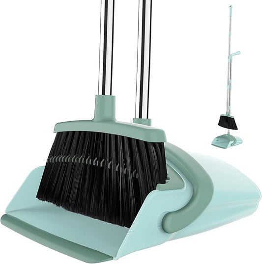 EZKEY Broom and Dustpan Set for Home, 51-in Long Adjustable Handle Angle Broom and Dustpan Combo Set with Dust Pan Teeth to Clean Hair for Home Kitchen Office Lobby Floor Garden, Green