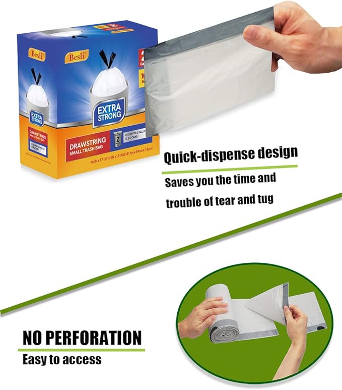 Besli 2 Gallon Drawstring Trash Bag Small Garbage Bag,100 Counts(White, 2 Gallon)