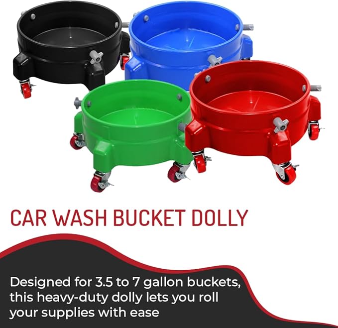 Heavy Duty Car Wash Bucket Dolly with 360° Swivel Casters | Fits 3.5–7 Gallon Buckets | 300 lb Capacity | Soap Holder | Rolling Pail Stand for Auto Detailing |Red