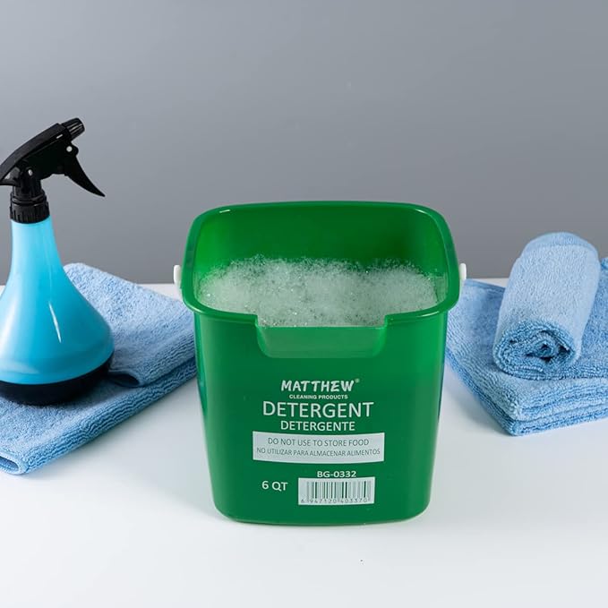 Matthew Detergent&Sanitizing Cleaning Bucket 6 Quart Plastic Pail,Set of 12 Square Containers,Built-in Spout w/Handle,Wash Rinse Sanitize Handwash Bucket for Home Office Commercial Restaurant (Green)