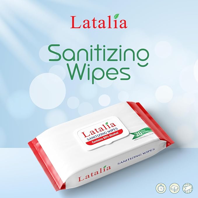 Latalia Hand Wipes Pack of 4 | 80% Alcohol Hand Sanitizer Wipes for Hands & Face Moisturizing, Gentle, Convenient and Fragrance Free (20 Counts)