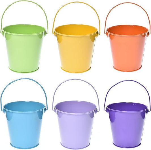 Colored Tin Buckets with Handle, 6 Pack 7.48 inch Galvanized Iron Pail Buckets for Kids, Classroom, Crafts and Party Favors
