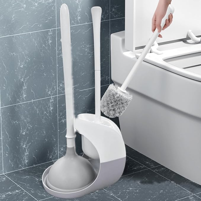 2 in 1 Toilet Brush and Plunger Set，BathroomPlunger and Brush Set ，Toilet Bowl Brush Plunger Set，Cleaning Brush,Cleaning Supplies，Contains 10 Pairs of High Elastic and SuperTough Gloves (Gray 2)