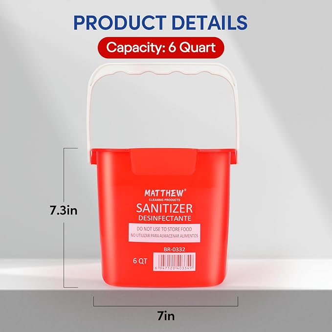 Matthew Detergent&Sanitizing Cleaning Bucket 6 Quart Plastic Pail,Set of 12 Square Containers,Built-In Spout w/Handle,Wash Rinse Sanitize Handwash Bucket for Home Commercial Restaurant (6 Red&6 Green)