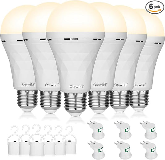 Rechargeable Light Bulbs, 1200mAh Led Battery Backup Bulb for Lamps 6 Pack Emergency Light Bulbs for Power Outage Hurricane Camping 9W 3000K A21 Warm Light Battery Operated Light Bulb E26