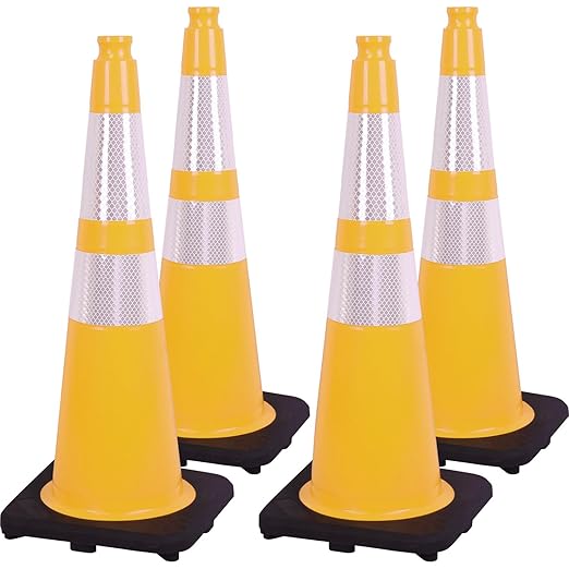 Fluorescent Orange/Green PVC Traffic Cones, Heavy Black Base Parking Lot Cone Structurally Stable Weatherproof Road Construction Safety Cones (4, Yellow, 28" Large)