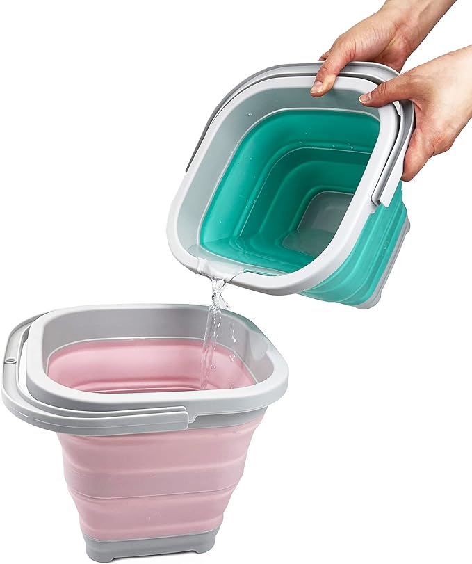 SAMMART Collapsible Rectangular Cleaning Bucket 5L (1.3 Gallon)- Foldable Camping Beach Sand Water Pot Pail- Portable Space Saving Tub for Household, Outdoor Car Washing (Pale Pink + Pine (Set of 2))