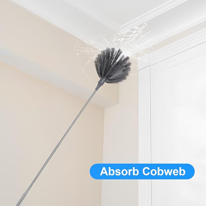 PRETYZOOM Extendable Cobweb Duster with Telescoping Pole and 3 Cleaning Heads Lightweight Spider Web Remover for High Ceilings and Outdoor Use Adjustable Length up to 94.5 Inches