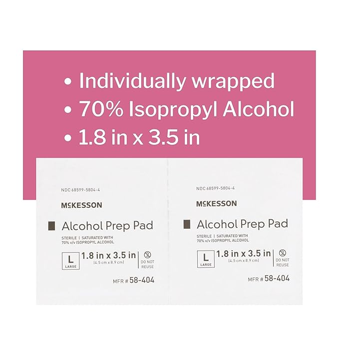 McKesson Alcohol Prep Pads [Pack of 100] 70% Isopropyl, Individually Wrapped Wipes, Sterile, Medical-Grade, First Aid, Large