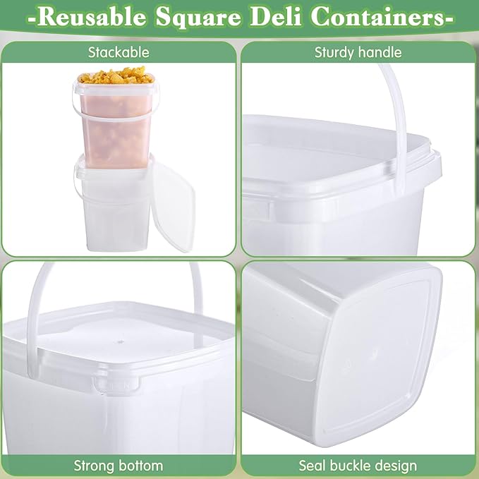 Mifoci 24 Pcs 2 Qt/ 67 Oz/ 2 L Plastic Food Containers Ice Cream Buckets with Lids and Handle Reusable Square Deli Containers Freezer and Microwave Safe for Kitchen Food Drinks Storage