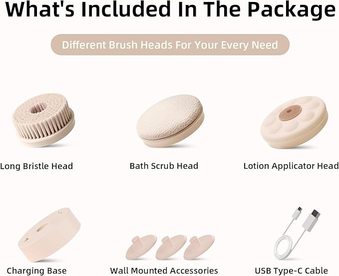 Oh,XIYU. Electric Body Brush Back Scrubber for Shower, Waterproof Long Dual Handle Power Body Scrubber with 3 Heads, Rechargeable Bath Brush & 2 Speeds, for Cleansing, Exfoliating and Massaging Skin