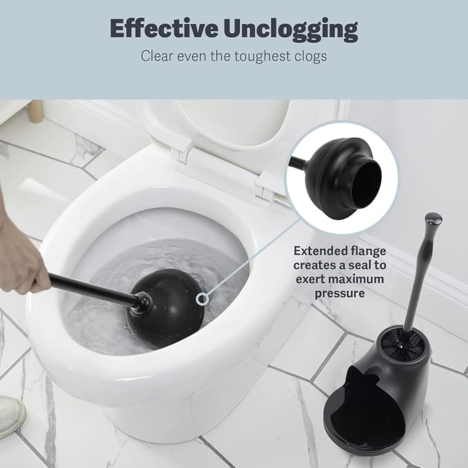 Casabella Bowl Brush & Plunger Combo - Heavy-Duty Toilet Plunger and Cleaning Brush, Ergonomic Handles, Durable Bowl Brush, Tackles Tough Clogs, Discreet Storage
