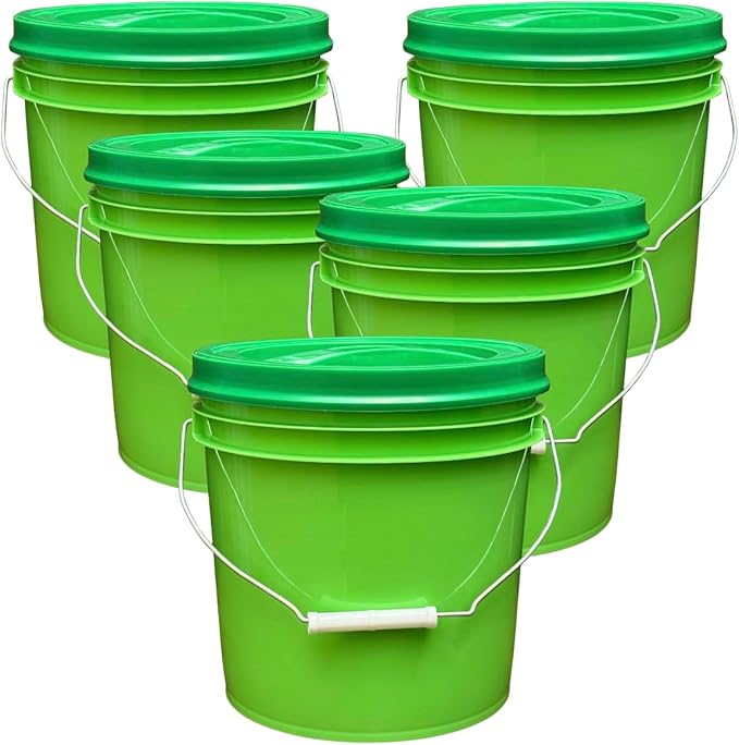 House Naturals 2 Gallon Food Grade - BPA Free Made in USA Buckets Lime Color pails with Screw On Gasket Lids (5, Lime - Green lids)