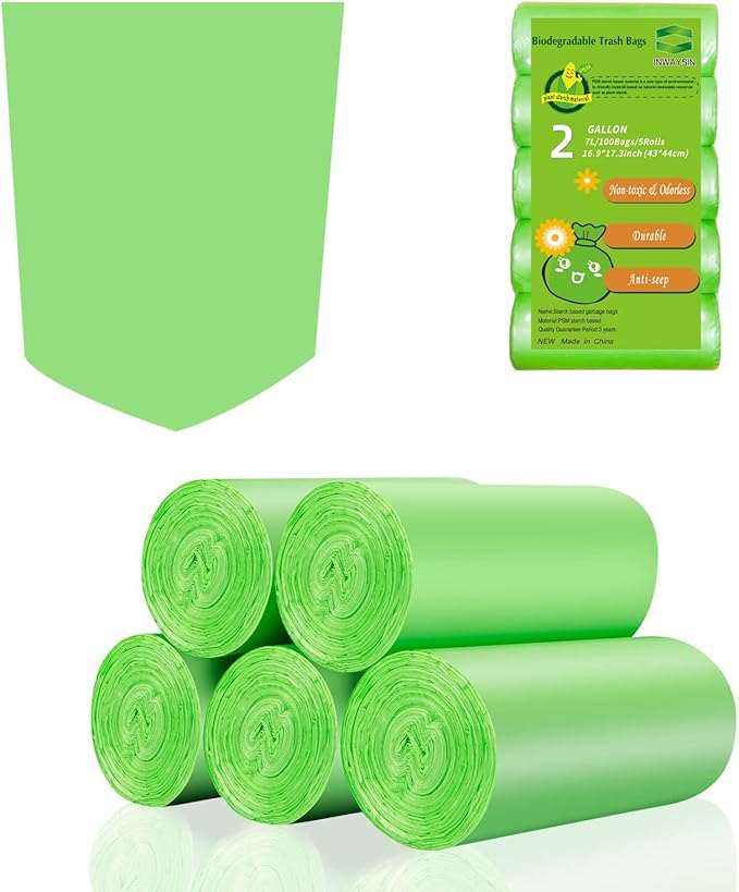 Compostable Trash Bags 2 Gallon - Inwaysin Bulk Mini Rubbish Waste Can Liners Unscented Strong Thick Biodegradable Tiny Kitchen Garbage Bags for Bathroom Office (Clear Green, 100 Counts)