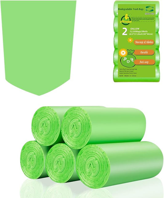 Compostable Trash Bags 2 Gallon - Inwaysin Bulk Mini Rubbish Waste Can Liners Unscented Strong Thick Biodegradable Tiny Kitchen Garbage Bags for Bathroom Office (Clear Green, 100 Counts)