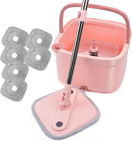 Upgraded Spin Mop and Bucket System Set, Self Separate Clean and Dirty Water, Foldable Square Standing Mop Head with Microfiber Mop Pads, Detachable Bucket
