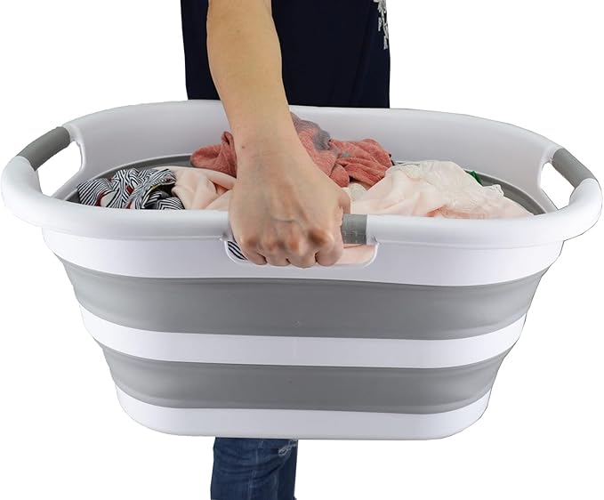 SAMMART 40L (10.5 gallon) Collapsible Plastic Laundry Basket - Space Saving Storage Container - Portable Washing Tub - Foldable Pop Up Hamper/Basket (1, White/Grey)