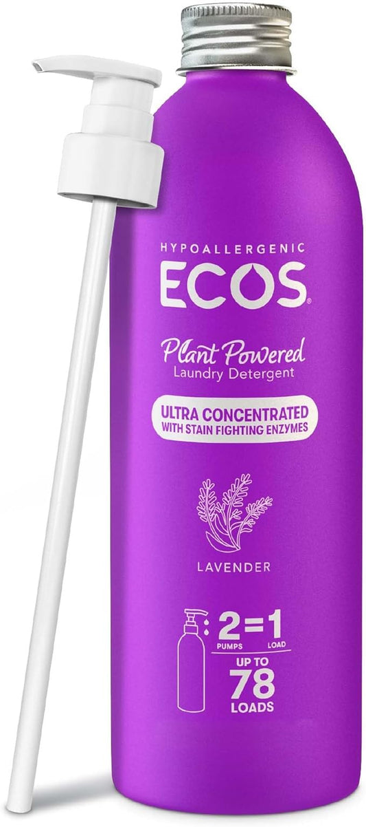 ECOS Ultra Concentrated Liquid Laundry Detergent, Sustainable Aluminum Bottle, Up to 78 Washer Loads - Hypoallergenic Laundry Soap - High Efficiency & Standard Machine Washing - Lavender, 16 Fl Oz