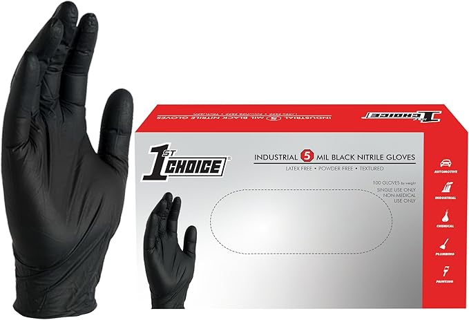 1st Choice Black Nitrile Gloves Disposable Latex-Free 5 Mil Textured for Cooking, Cleaning, Food Prep, Medium, Box of 100
