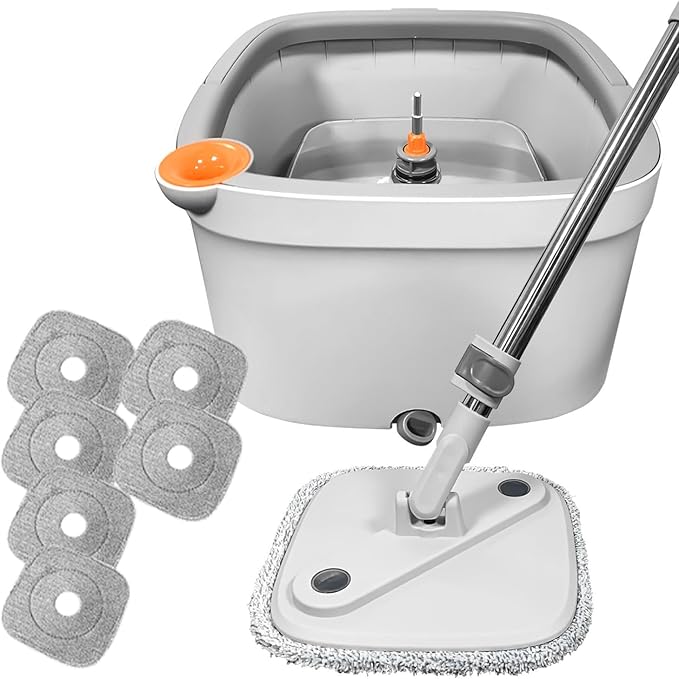 KZKR Spin Square mop and Bucket System with Wringer Set for Home with 10 Mop Pads (Grey,White)