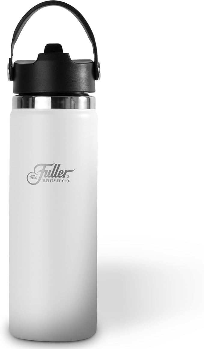 Fuller Stainless Steel Water Bottle with Straw Lid – BPA-Free, Sweat-Proof, Leak-Proof Travel Mug – Double Wall Insulated for Hot & Cold Drinks – Carry Handle (White, 20 Oz.)