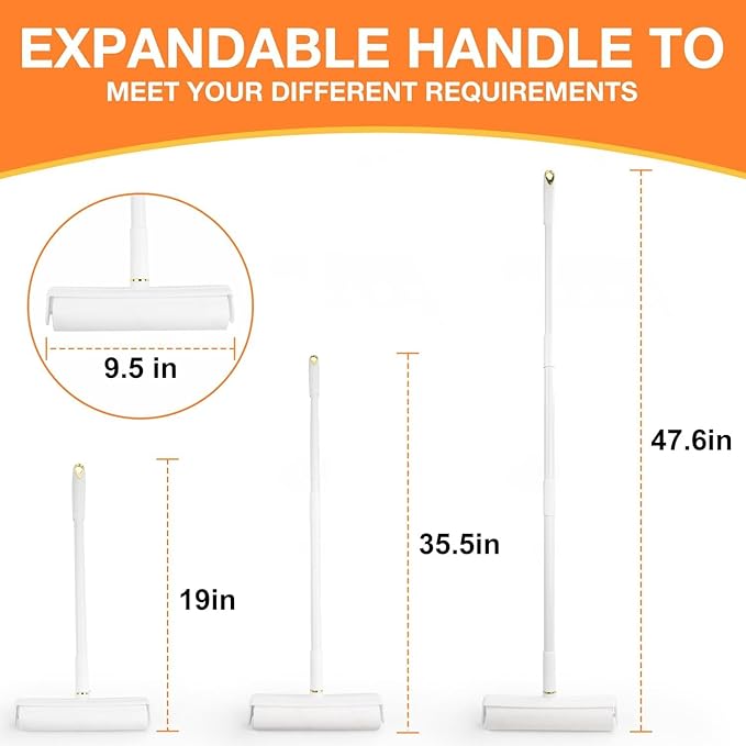 LINSIRON Large Lint Roller Pet Hair Remover 270 Adhesive Sheets Rollers 9.45 Extra Sticky Dog Cat Adjustable Handle 7.9-47.6 Inch, 3 Replaceable Rolls 90 Sheets Each, 3 Extension Rods for 4 Heights﻿