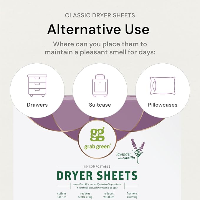 Grab Green Dryer Sheets, 160 Sheets, Vetiver Scent, Plant Based, Softens Fabrics, Reduces Static Cling and Wrinkles
