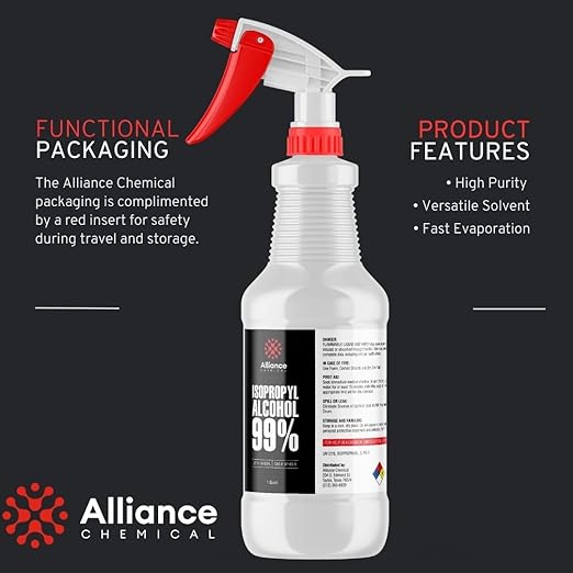 Alliance Chemical Isopropyl Alcohol 99% - 2 Quart Bottle with Spray Top (64 oz) - High-Purity Concentrated Rubbing Alcohol for Effective Cleaning - Quick-Drying, Domestically Sourced IPA