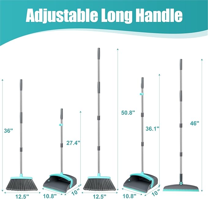 Michao Upgrade Broom and Dustpan Set, Silicone Broom,Long Handle Broom with Upright Standing Dustpan, Squeegee - Broom for Indoor Cleaning 2+1,for Indoor Outdoor,Smooth Floors, Rugs (Green-Grey)
