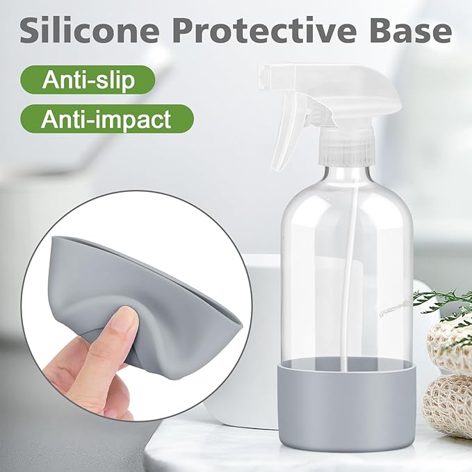Glass Spray Bottles with Silicone Sleeve Protection, Empty 16 oz Refillable Containers, Reusable Spray Bottles for Hair, Cleaning Solutions, 3 Pack Grey&Pink&Purple
