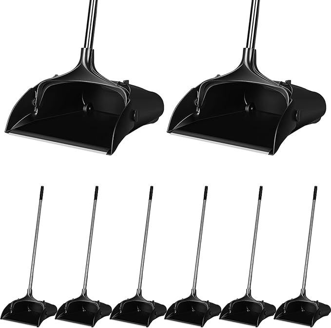 Weewooday 8 Pieces Commercial Lobby Dustpan Plastic Upright Dust Pan with Long Handle Metal Upright Dustpan Heavy Duty for Restaurants Commercial Lobby Garage Home and Outdoors Use (Black)