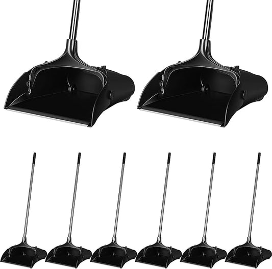 Weewooday 8 Pieces Commercial Lobby Dustpan Plastic Upright Dust Pan with Long Handle Metal Upright Dustpan Heavy Duty for Restaurants Commercial Lobby Garage Home and Outdoors Use (Black)