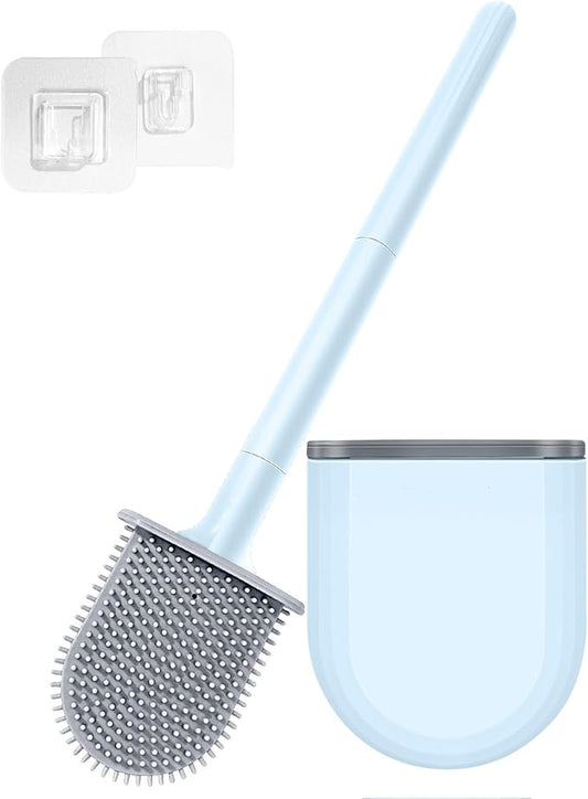 Kucucyle Mini RV Silicone Toilet Brush with TPR Bristles & ABS Detachable Handle Set, Flexible 360°Deep Cleaners Brushes, Wall-Mounted Design for Space-Saving RV Bathrooms Toilet Bowl Brush (Blue)