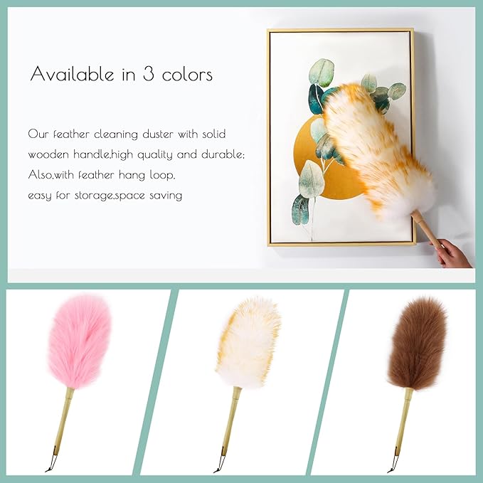 Lambs Wool Duster for Cleaning Window Blinds Computer Furniture TV Computer Screens Bookshelves Solid Wooden Handle Natural Feather Duster,16'', Yellow&White