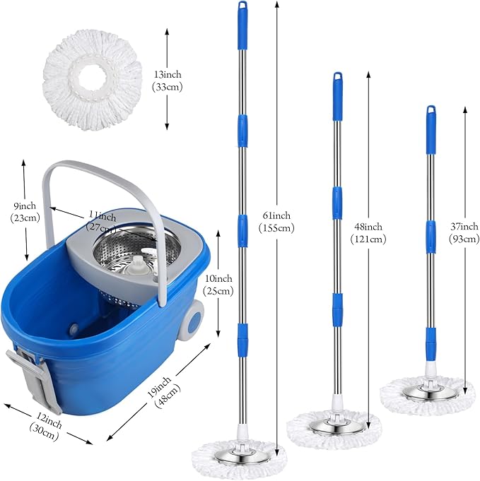 Mop and Bucket with Wringer Set 25QT，Stainless Steel Deluxe 360 Spinning Mop Bucket Floor Cleaning System with 3 Microfiber Replacement Head Refills, 2X Wheel for Home Cleaning with Drain Plug