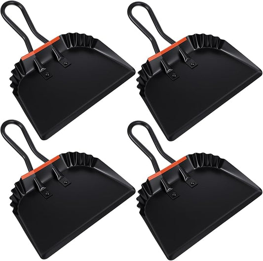 4 Pack 12 inch Heavy Duty Metal Dustpan Large Wide Dust Pans for Household Handheld Wide Scooper and Debris Cleaning Tool Ideal for Home and Commercial Use (Black)