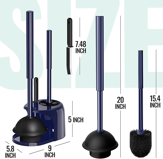2PACK 4 in 1 Toilet Brush and Plunger Set with Crevice Cleaning Brush, Toilet Plunger and Brush Set with Extra Long Handle, Plungers for Bathroom Accessories, Toilet Plunger with Holder, Navy Blue