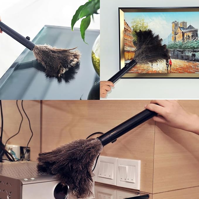 2pcs Feather Duster, Retractable Handle Fluffy and Natural Feather Duster Intrior/Extrior Cleaner for Blinds, Kitchen, Keyboard, Office Cleaning Supplies(Color:Black)
