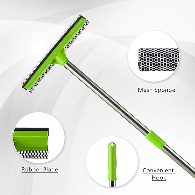 Bryquelin 2-in-1 Window Squeegee with 30"-59" Stainless Steel Adjustable Handle - Glass Cleaner for Shower Doors, Car Windshield & High Outdoor Windows