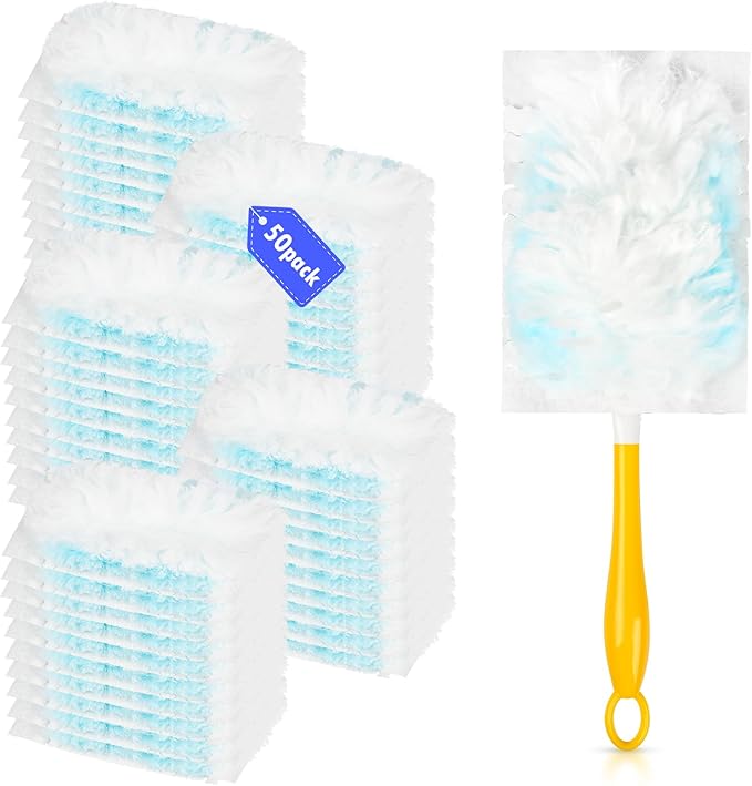 50 Count 180° Multi-Surface Feather Duster Refills Compatible with Swiffer Handle, Heavy Duty Duster Replacement with 1 Handle