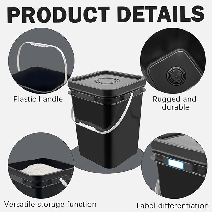 12 Pcs 5 Gallon Paint Bucket with Lid,Thickened Square Plastic Bucket Food Storage Container Industrial Buckets (with DIY Label Sticker Towel and Brush) for Paint Storage Barrels Garage Garden