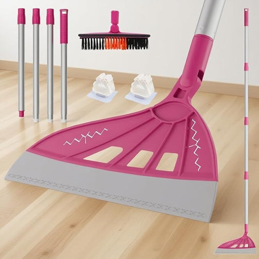 Magic Broom, Squeegee Broom for Floor Cleaning, Multifunctional Floor Squeegee with Aluminum Adjustable Handle, 60’’ Magic Silicone Broom for Glass, Fine Dust, Pet Hair, Liquids(Hot Pink)
