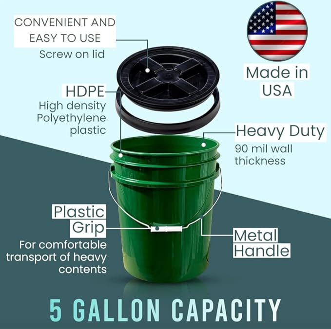 House Naturals 5 Gallon Plastic Green Bucket with Screw on Lid, Food Grade containers, Made in USA pails, Pack of 3