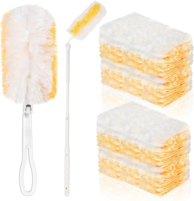 Elesunory 100 Pcs Duster Refills Bulk, Thickened Duster Refill Electrostatic Duster Head, Duster Refills for Cleaning with 2 Long Handles, 2 Short Handles, Disposable Duster Refills for Blinds(Yellow)