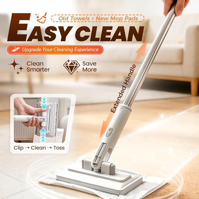 Snap Grip Mini Mop,Mini Sweeper Mop No-Touch Dirty Cleaning Flat Dust Mop for Dry Wet Disposable Pads,Corners Wall Multi Surface Cleaning (White 10.2x48.4 inch)