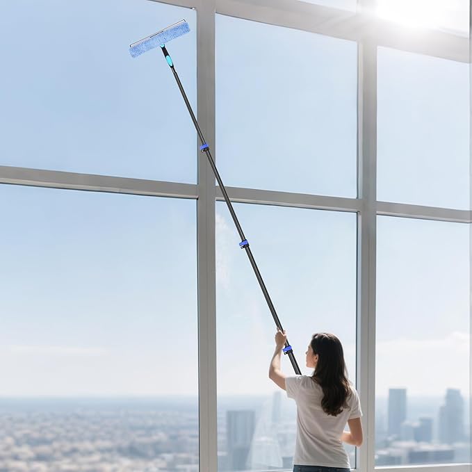 DOBEN 12-Foot Carbon Fiber Window Cleaner Tool with Telescopic Extension Pole, Rotating Scrubber & Squeegee - Durable Lightweight Design for Indoor/Outdoor Glass Cleaning